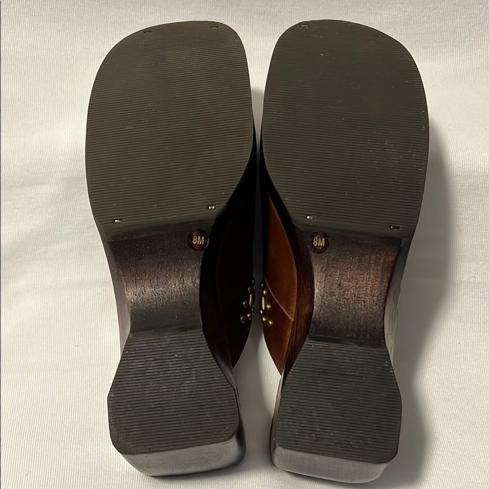 Nicole Sheila Brown Leather Wooden Clog Women's Size 8 Studded Boho Chunky Heel - Picture 4 of 15